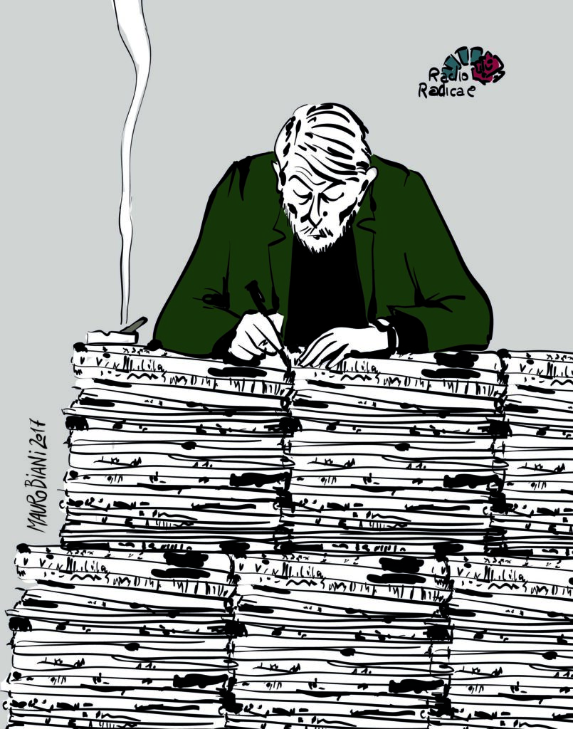 alt="Massimo Bordin's portrait. Cartoon by Mauro Biani" 